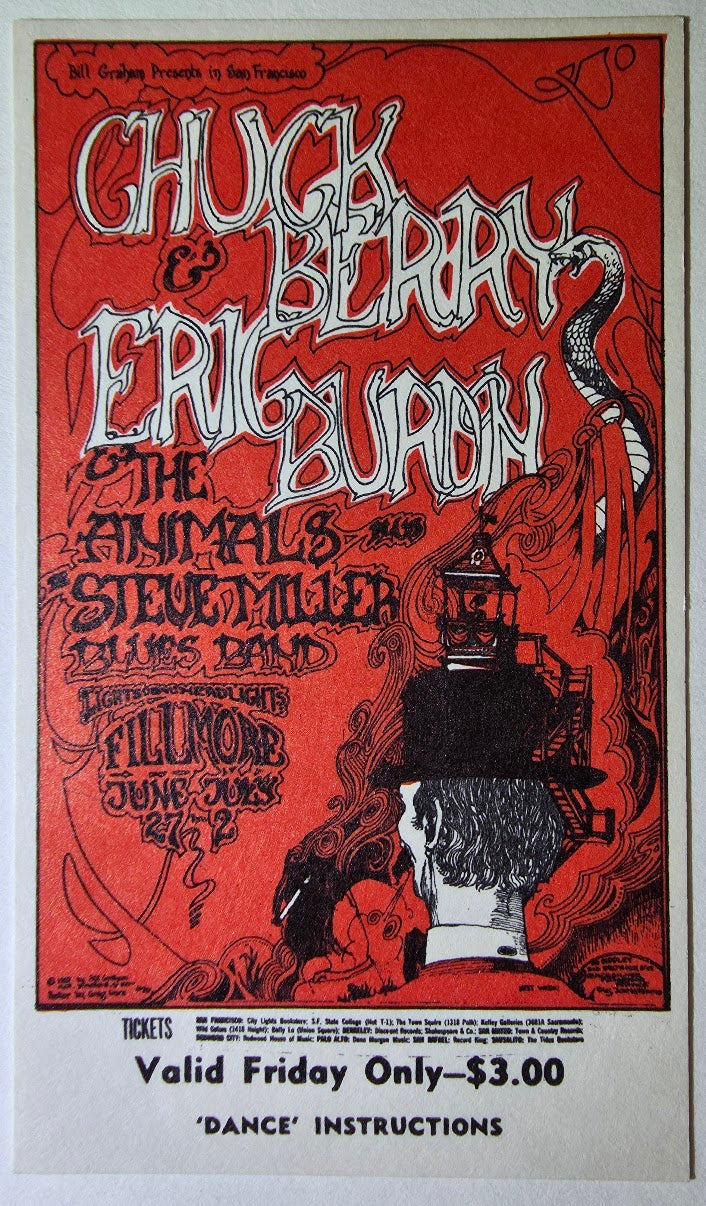 Vintage Ticket Bundle - 3 Night Run - Chuck Berry, Eric Burdon & The Animals, Steve Miller Blues Band by Greg Irons - June 27-July 2, 1967 - The Fillmore