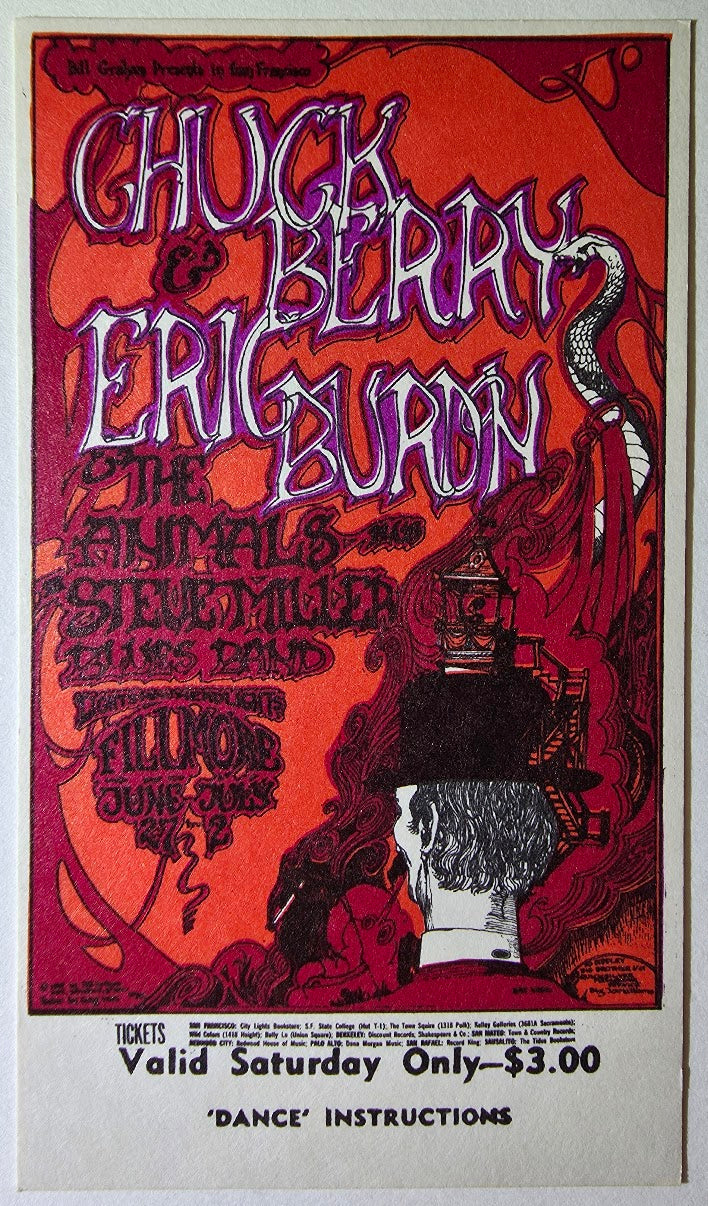 Vintage Ticket Bundle - 3 Night Run - Chuck Berry, Eric Burdon & The Animals, Steve Miller Blues Band by Greg Irons - June 27-July 2, 1967 - The Fillmore