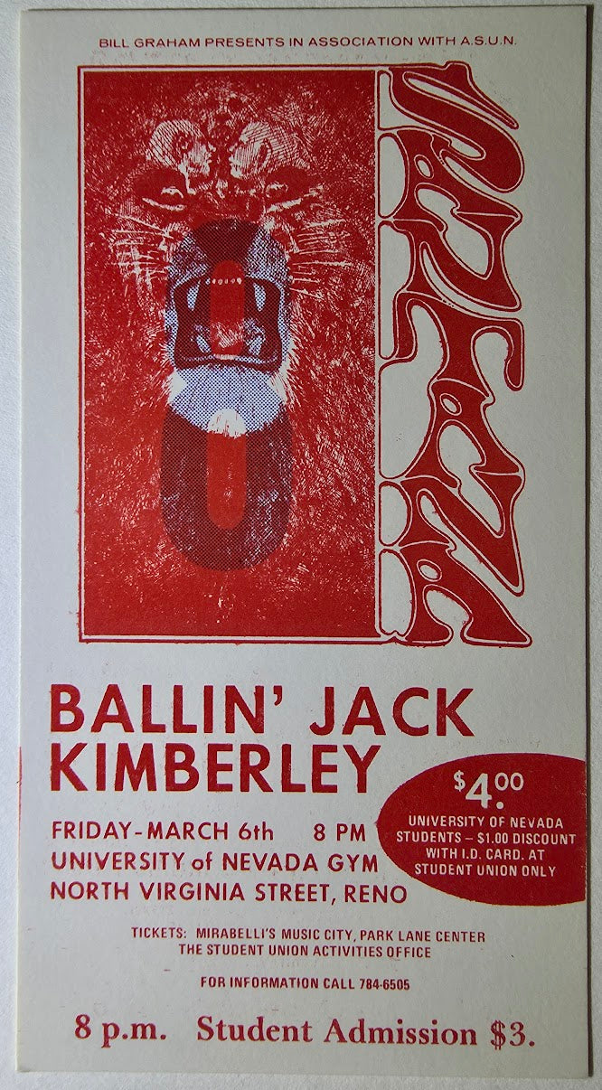 Santana, Ballin' Jack, Kimberley, University Of Nevada by Lee Conklin - March 6, 1970 - Vintage Concert Ticket