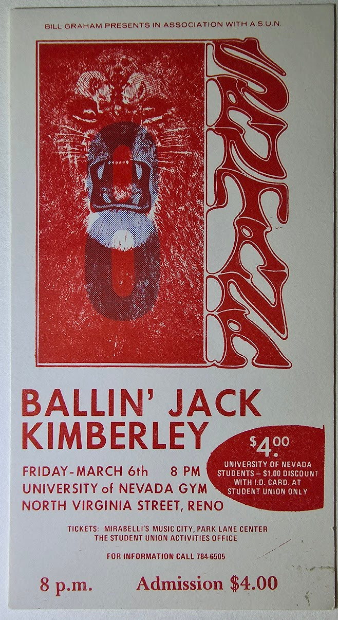Santana, Ballin' Jack, Kimberley, University Of Nevada by Lee Conklin - March 6, 1970 - Vintage Concert Ticket - Red Version