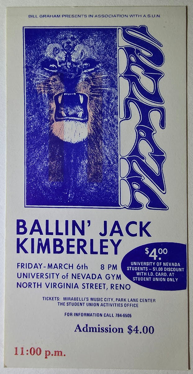 Santana, Ballin' Jack, Kimberley, University Of Nevada by Lee Conklin - March 6, 1970 - Vintage Concert Ticket - Blue ED