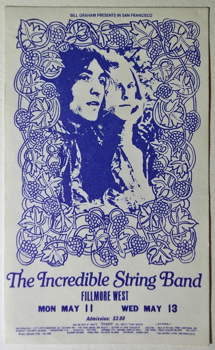 The Incredible String Band, The Fillmore by Pat Hanks - May 11, 1970 - Vintage Concert Ticket