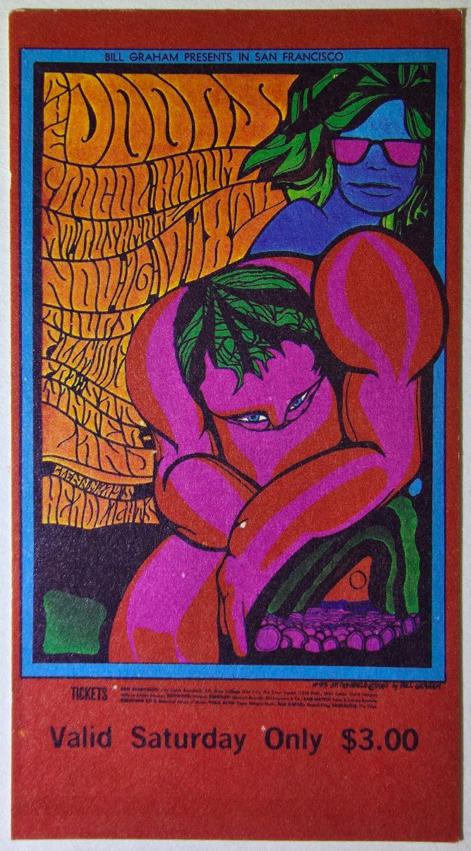 The Doors, Procol Harum, Mt. Rushmore, The Fillmore by Jim Blashfield - November 18, 1967 - Vintage Concert Ticket
