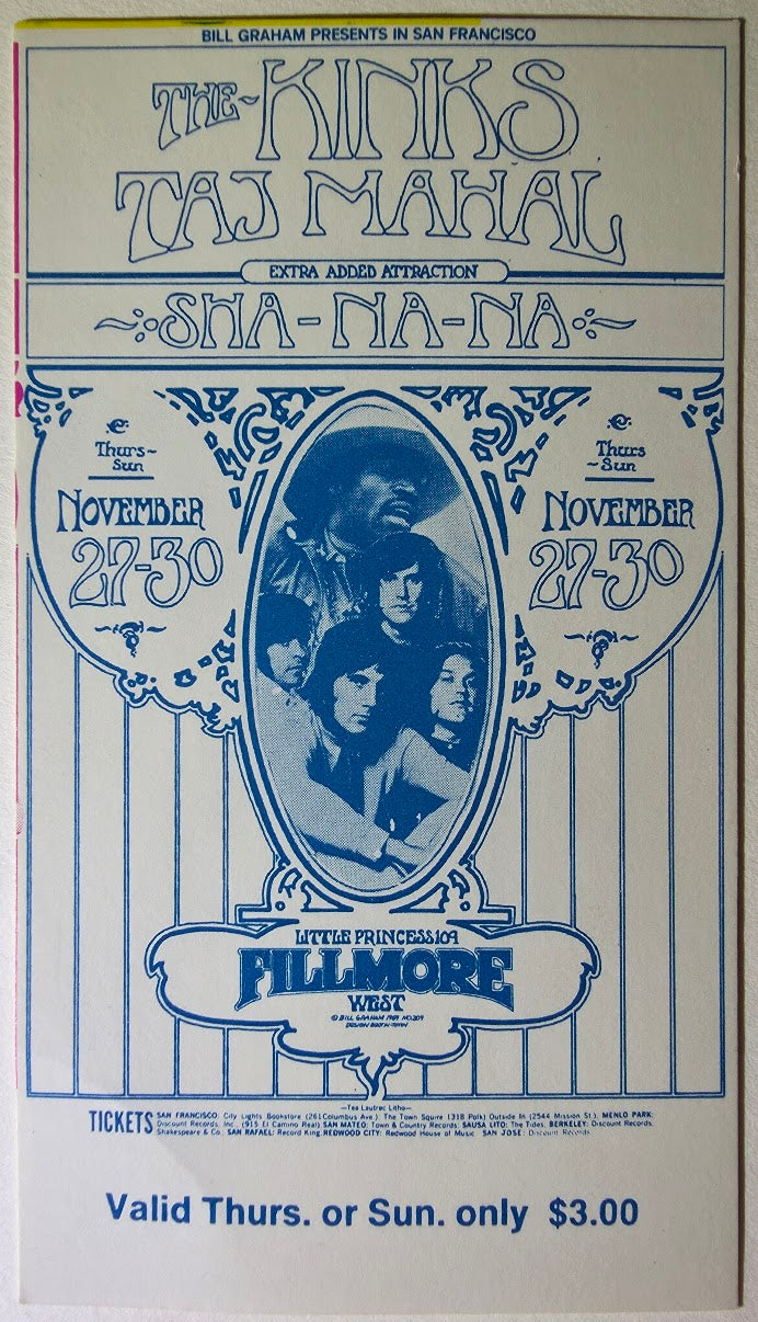 The Kinks, Taj Mahall, Sha Na Na, The Fillmore by Randy Tuten - November 27 & 30, 1969 - Vintage Concert Ticket