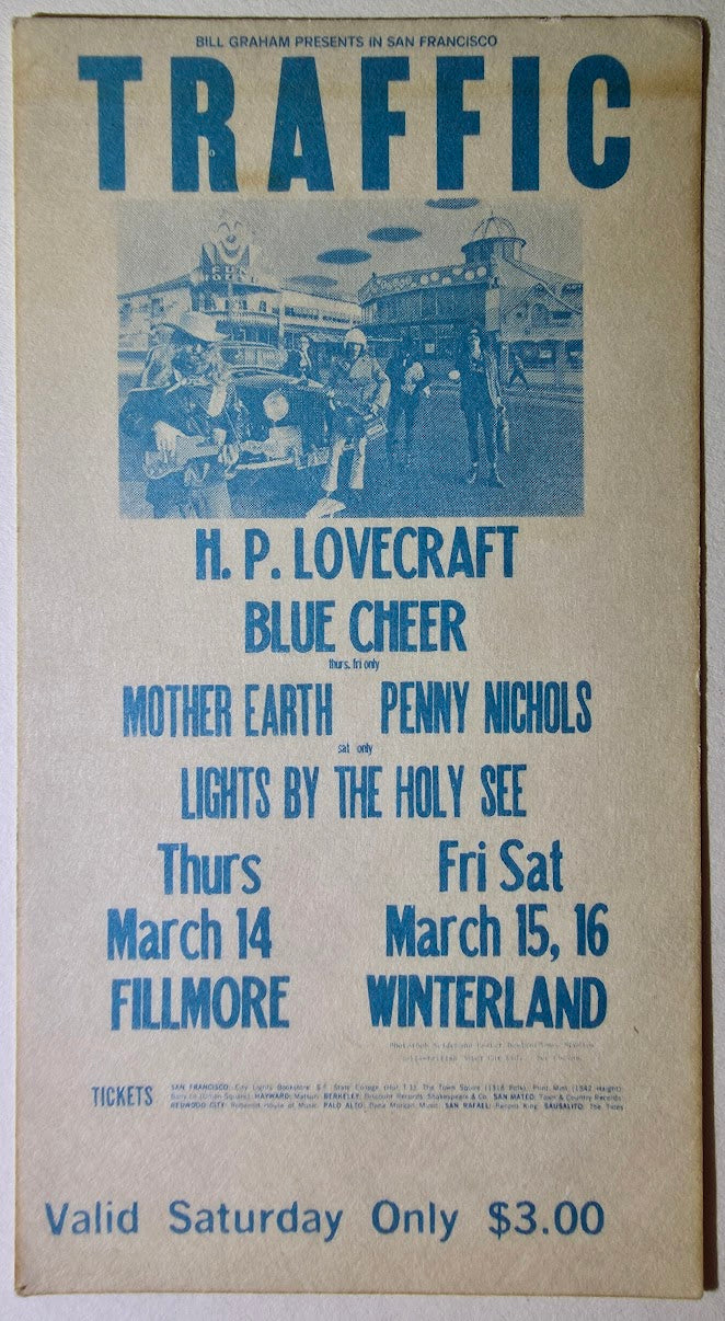 Traffic, H.P. Lovecraft, Blue Cheer, Mother Earth, Penny Nichols, The Fillmore by Stanley Mouse, Alton Kelley, Bob Seidmann - March 16, 1968 - Vintage Concert Ticket
