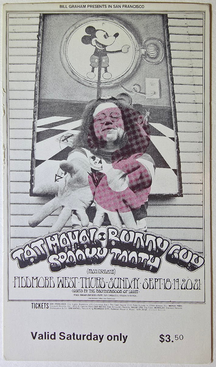 Taj Mahal, Buddy Guy, Spooky Tooth, The Fillmore by Randy Tuten - September 20, 1969 - Vintage Concert Ticket