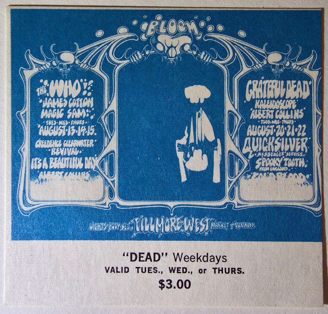 The Who, James Cotton, Creedence Clearwater Revival, The Grateful Dead, The Fillmore West by Rick Griffin, Alton Kelley - August 13-15, 1968 - Vintage Concert Ticket