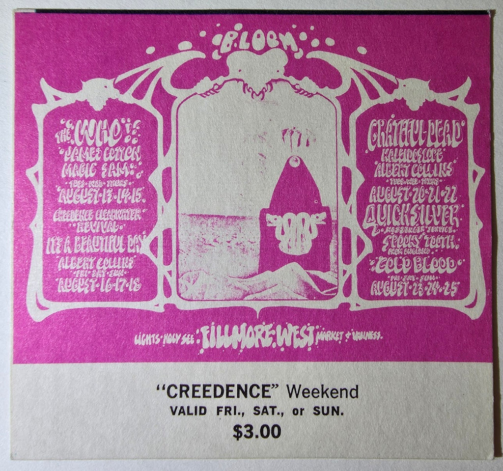 The Who, James Cotton, Creedence Clearwater Revival, The Grateful Dead, The Fillmore West by Rick Griffin, Alton Kelley - August 16-18, 1968 - Vintage Concert Ticket