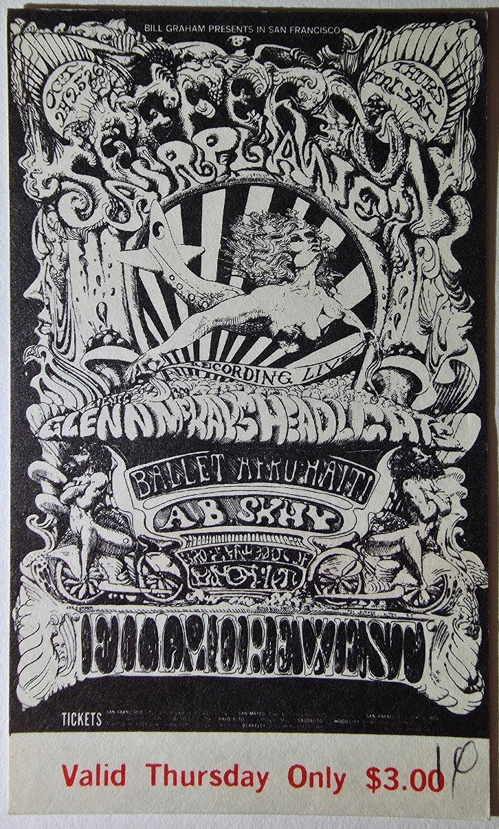 Jefferson Airplane, Ballet Afro-Haiti, A.B. Skhy, The Fillmore by Lee Conklin - October 24, 1968 - Vintage Concert Ticket