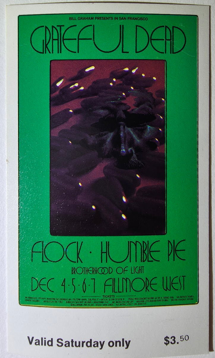 The Grateful Dead, The Flock, Humble Pie, The Fillmore West by David Singer - December 6, 1969 - Vintage Concert Ticket