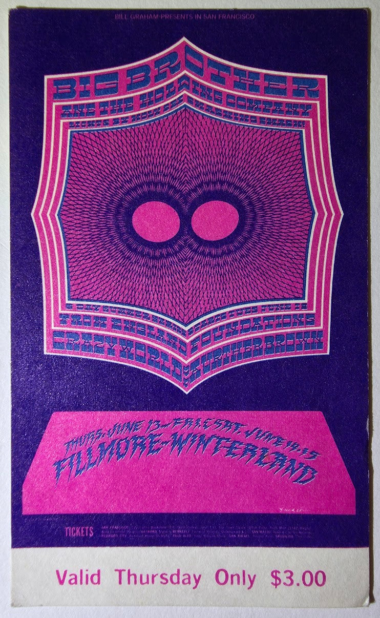 Big Brother & The Holding Co, The Foundations, The Crazy World Of Arthur Brown, The Fillmore by Robert Fried, Jonathan Julian - June 13, 1968 - Vintage Concert Ticket