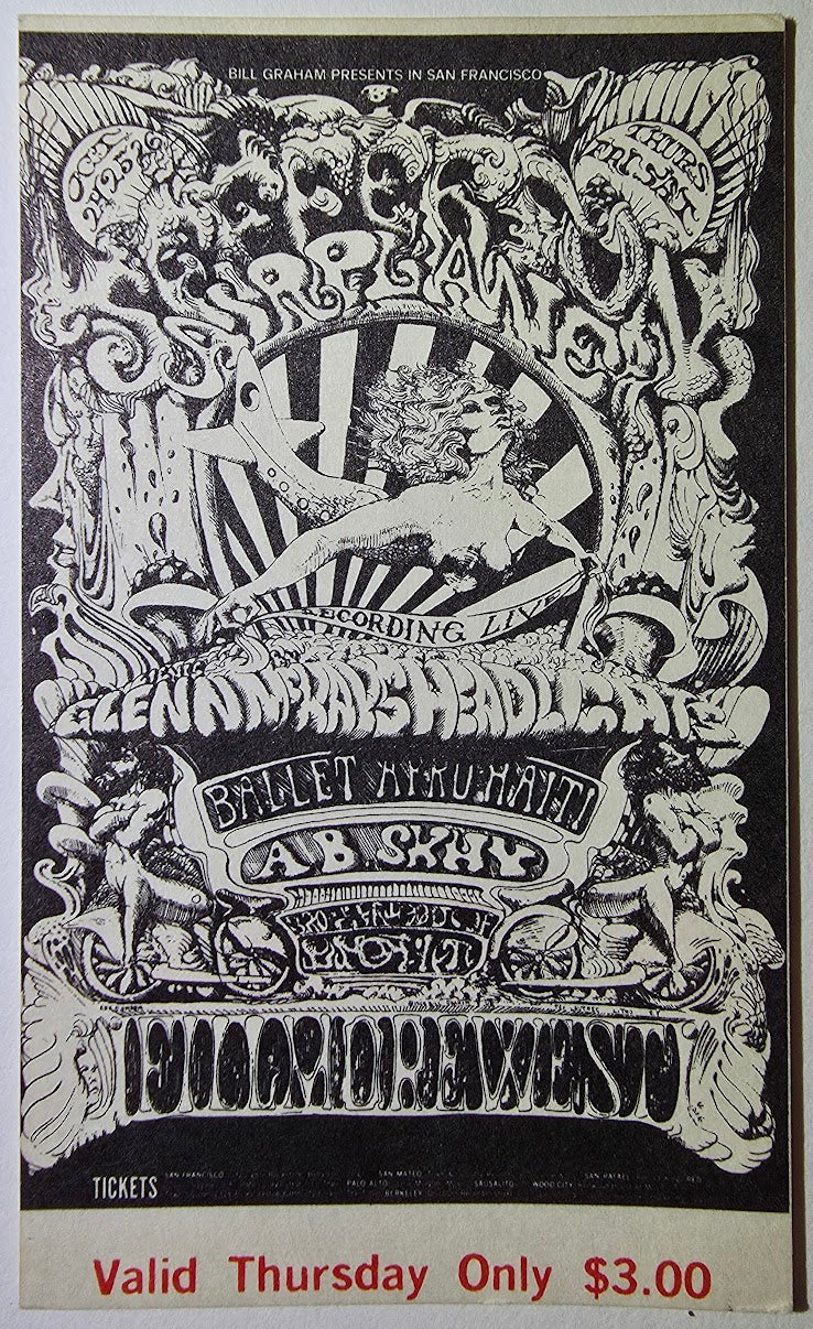Jefferson Airplane, Ballet Afro-Haiti, A.B. Skhy, The Fillmore by Lee Conklin - October 24, 1968 - Vintage Concert Ticket