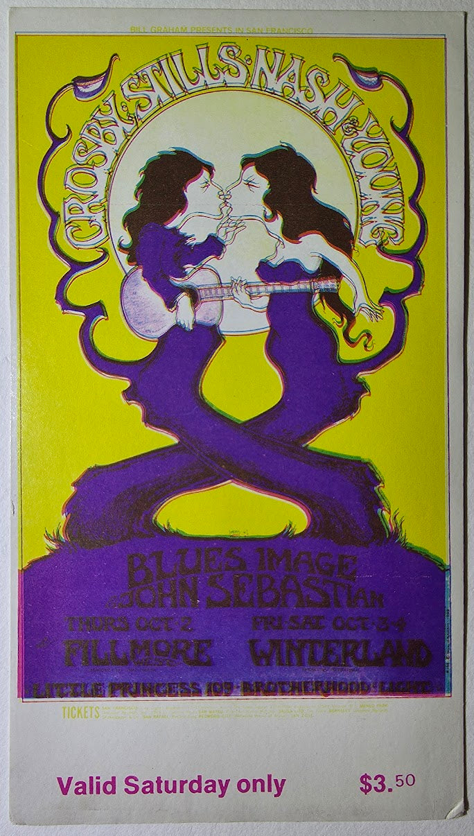 Crosby, Stills, Nash & Young, Blues Image, John Sebastian, The Fillmore by Greg Irons - October 4, 1969 - Vintage Concert Ticket