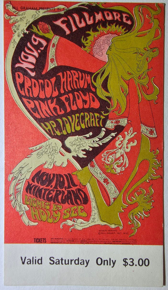 Pink Floyd, Procol Harum, H.P. Lovecraft, The Fillmore by Nicholas Kouninos - November 11, 1967 - Vintage Concert Ticket