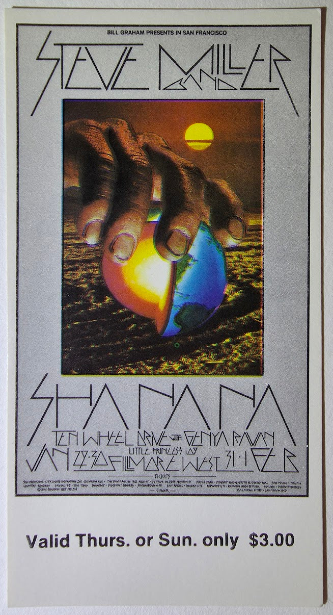 Steve Miller Band, Sha Na Na, Ten Wheel Drive, The Fillmore by David Singer - January 29, 1970 - Vintage Concert Ticket