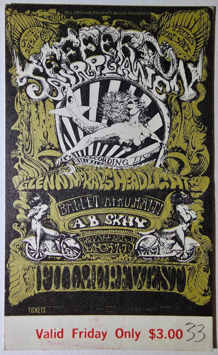 Jefferson Airplane, Ballet Afro-Haiti, A.B. Skhy, The Fillmore by Lee Conklin - October 25, 1968 - Vintage Concert Ticket