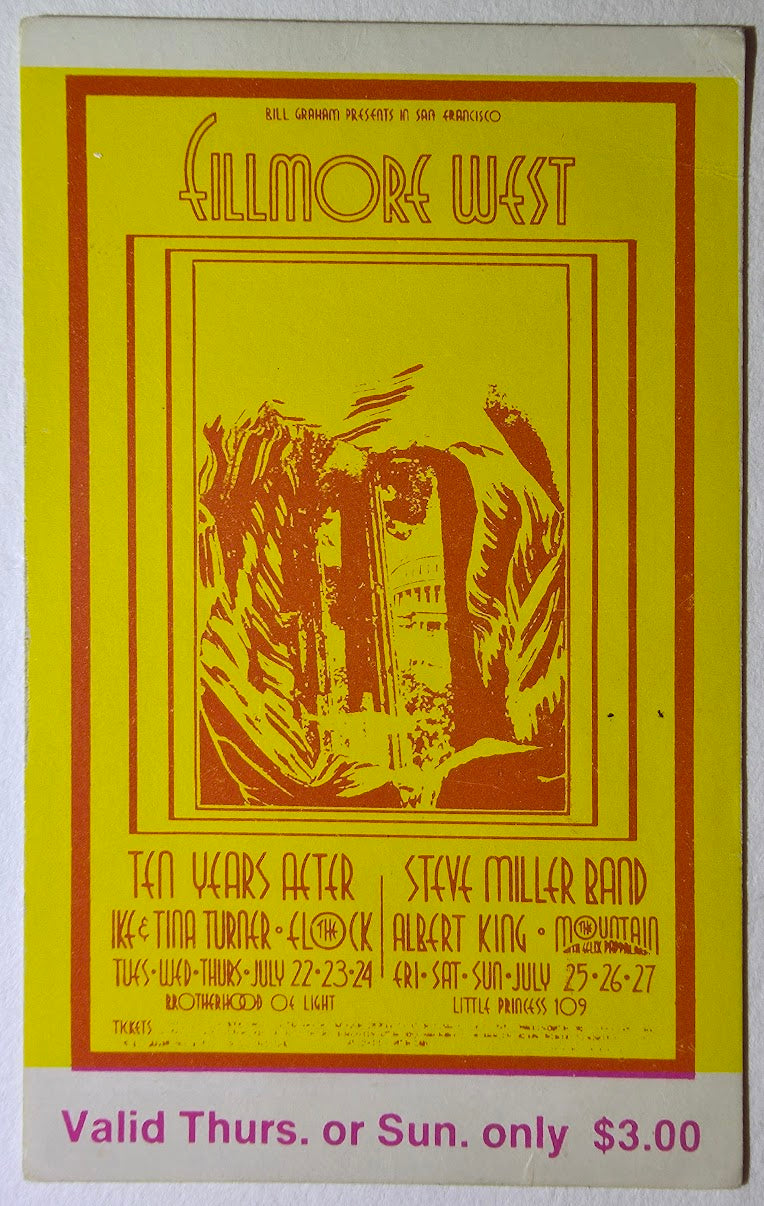 Ten Years After, Ike & Tina Turner, Steve Miller Band, Albert King, The Fillmore by David Singer - July 23, 1969 - Vintage Concert Ticket