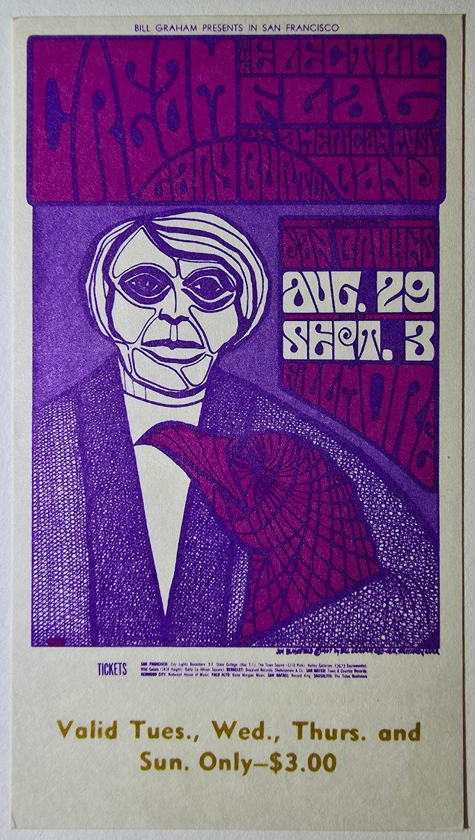 Cream, Electric Flag, Gary Burton, The Fillmore by Jim Blasfield - August 29, 1967 - Vintage Concert Ticket
