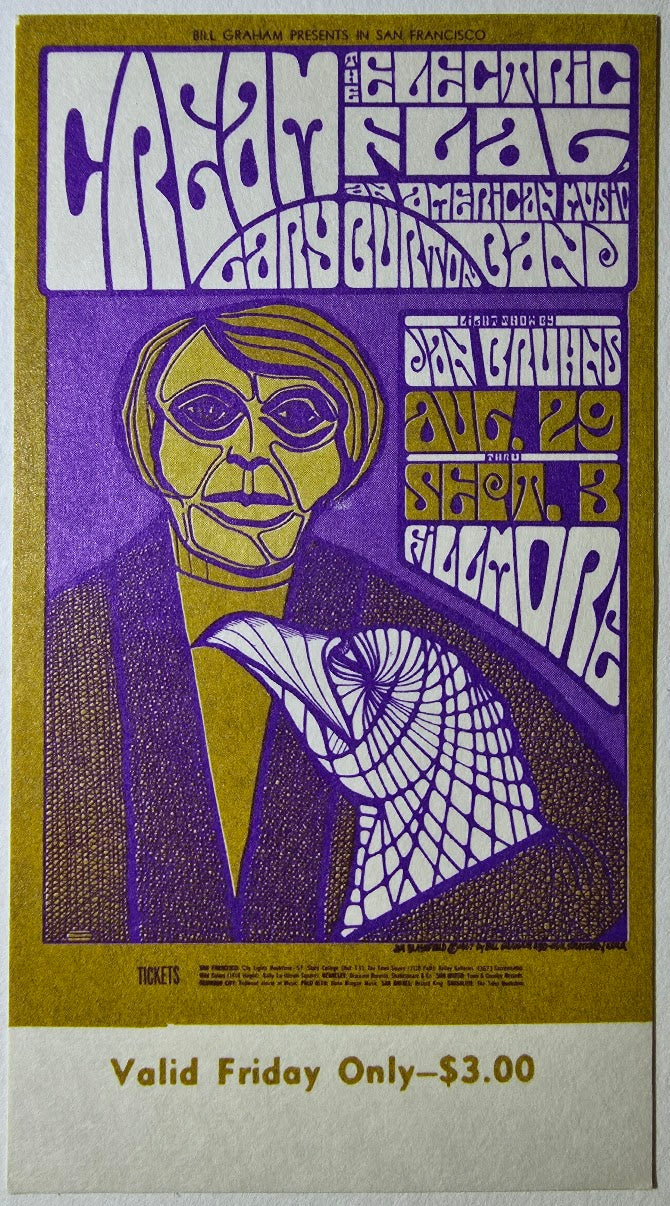 Cream, Electric Flag, Gary Burton, The Fillmore by Jim Blasfield - September 2, 1967 - Vintage Concert Ticket