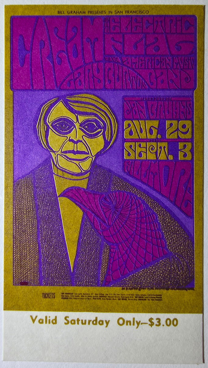 Cream, Electric Flag, Gary Burton, The Fillmore by Jim Blasfield - September 3, 1967 - Vintage Concert Ticket