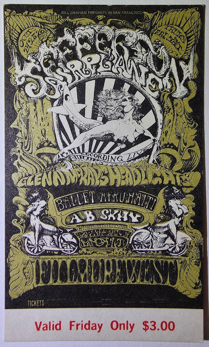 Jefferson Airplane, Ballet Afro-Haiti, A.B. Skhy, The Fillmore by Lee Conklin - October 25, 1968 - Vintage Concert Ticket