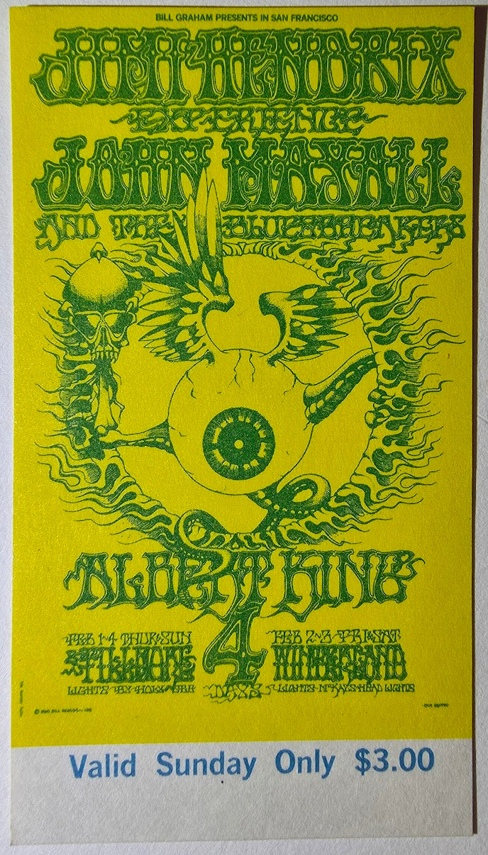 The Jimi Hendrix Experience, John Mayall & The Bluesbreakers, Albert King, The Fillmore, Winterland by Rick Griffin - February 2, 1968 - Vintage Concert Ticket