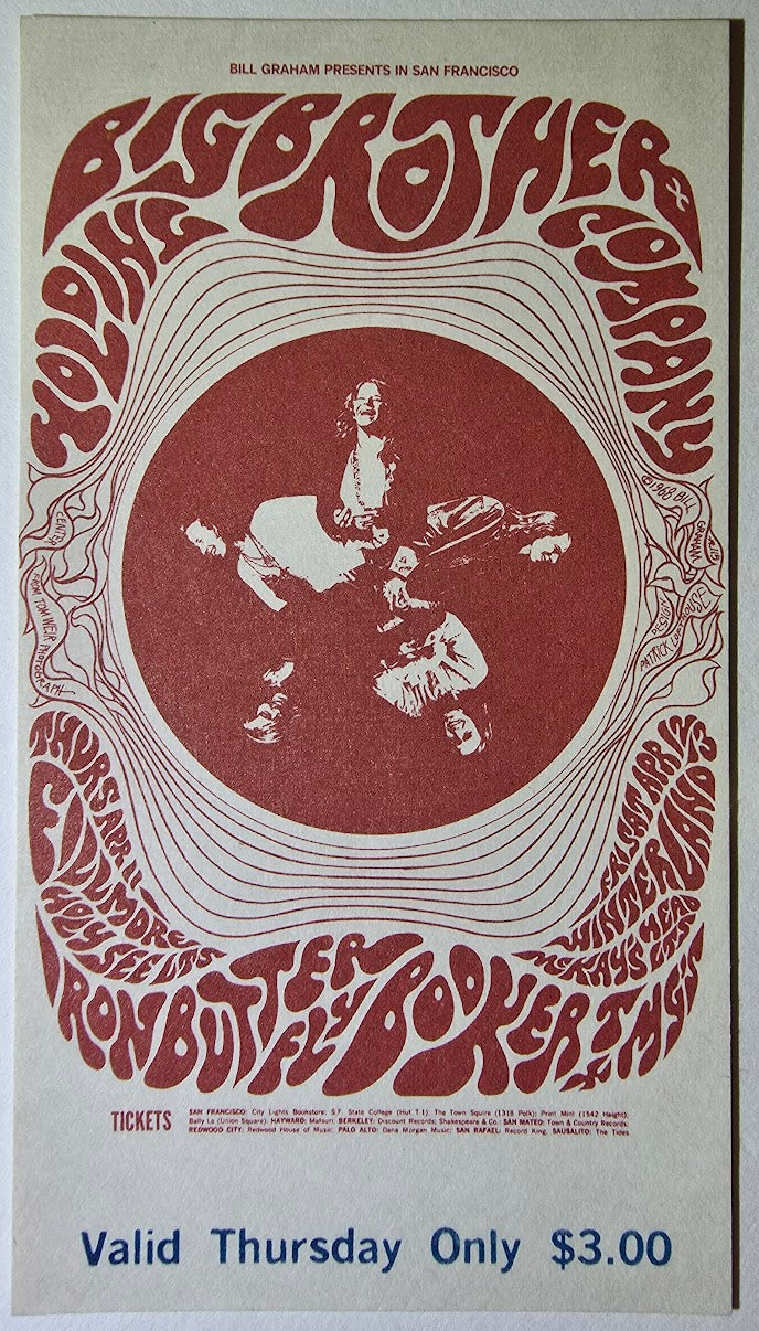 Big Brother & The Holding Co, Iron Butterfly, Booker T. & The MG's, The Fillmore by Patrick Lofthouse, Thomas Weir - April 11, 1968 - Vintage Concert Ticket