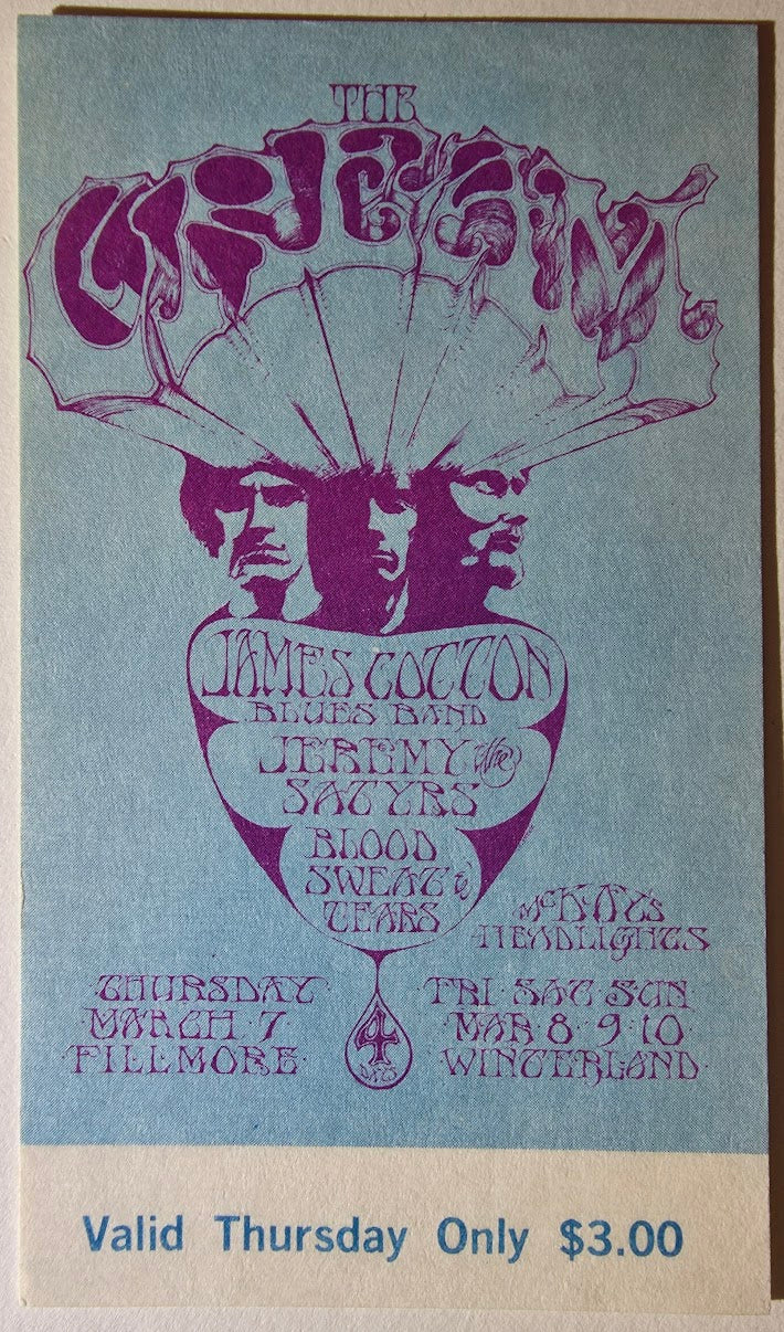 Vintage Ticket Bundle - 4 Night Run - Cream, James Cotton Blues Band, Jeremy Steig & The Satyrs, Blood, Sweat & Tears by Stanley Mouse - March 7-10, 1968 - The Fillmore, Winterland