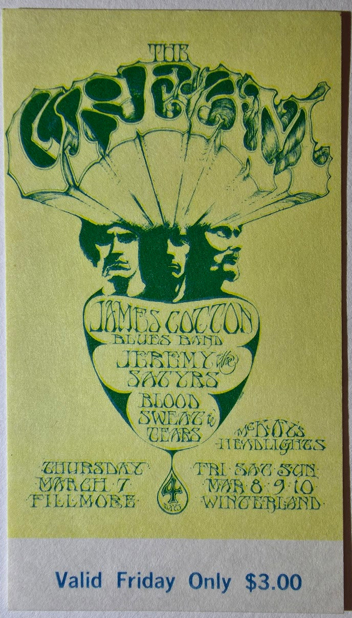 Vintage Ticket Bundle - 4 Night Run - Cream, James Cotton Blues Band, Jeremy Steig & The Satyrs, Blood, Sweat & Tears by Stanley Mouse - March 7-10, 1968 - The Fillmore, Winterland