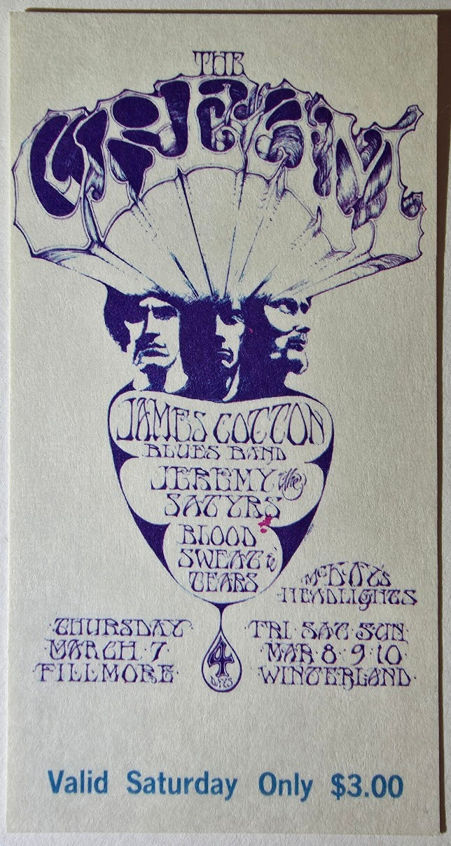 Vintage Ticket Bundle - 4 Night Run - Cream, James Cotton Blues Band, Jeremy Steig & The Satyrs, Blood, Sweat & Tears by Stanley Mouse - March 7-10, 1968 - The Fillmore, Winterland