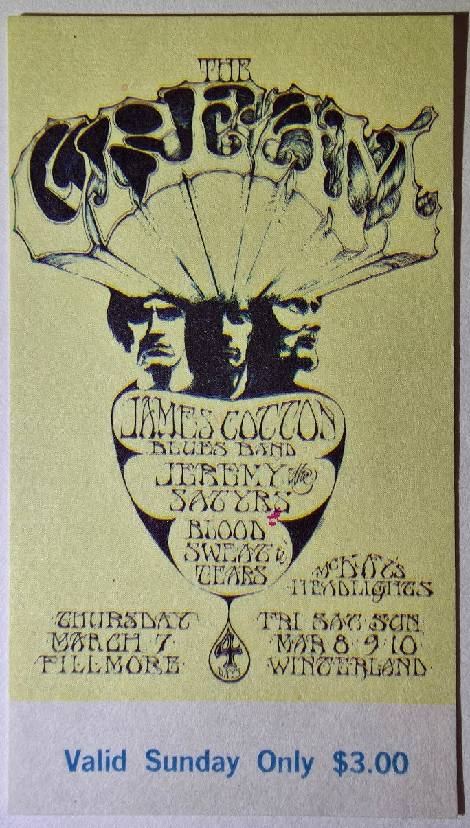 Vintage Ticket Bundle - 4 Night Run - Cream, James Cotton Blues Band, Jeremy Steig & The Satyrs, Blood, Sweat & Tears by Stanley Mouse - March 7-10, 1968 - The Fillmore, Winterland