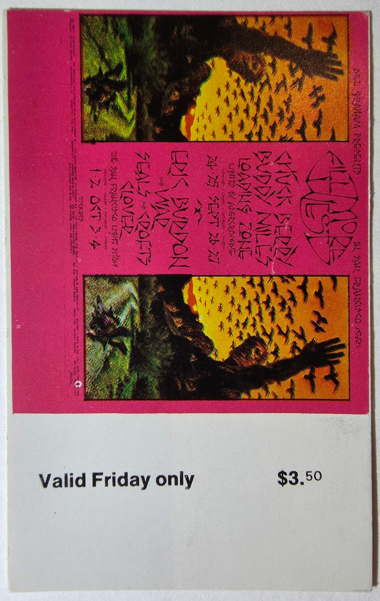 Chuck Berry, Buddy Miles, Eric Burdon & War, The Loading Zone, The Fillmore by David Singer - September 25, 1970 - Vintage Concert Ticket