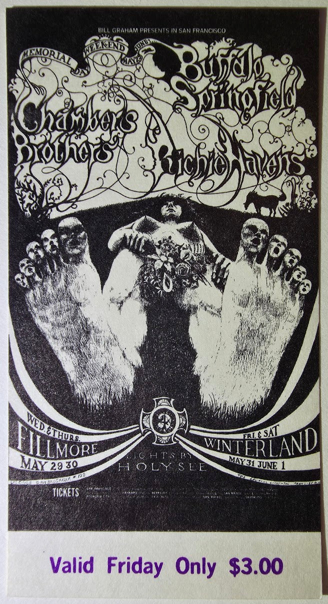 Vintage Ticket Bundle - 4 Night Run - Buffalo Springfield, The Chambers Brothers, Richie Havens, Winterland by Lee Conklin - May 29-June 1, 1968 - The Fillmore - Winterland
