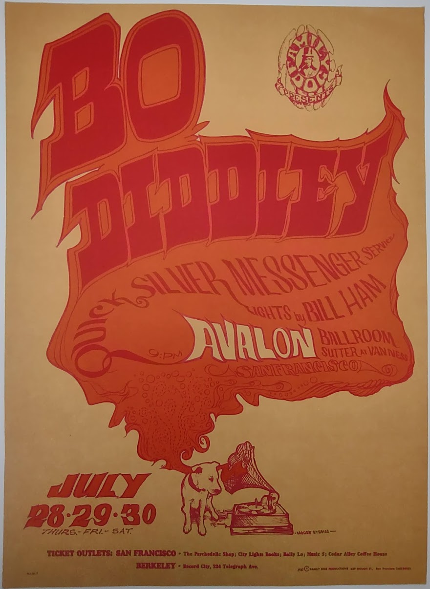 Bo Diddley, Quicksilkver Messenger Service, The Avalon Ballroom by Stanley Mouse, Alton Kelley - July 28-30, 1966 - Family Dog Vintage Gig Print