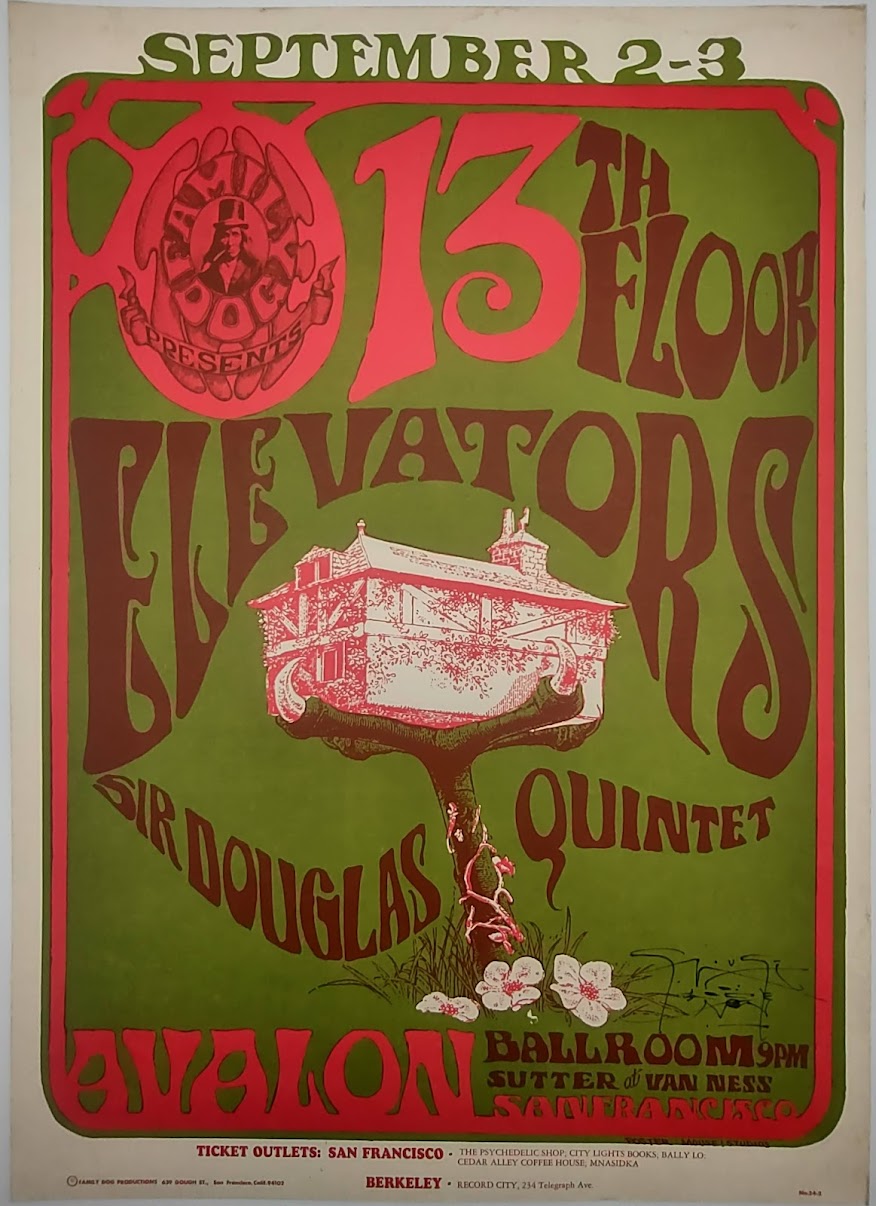 13th Floor Elevators, Sir Douglas Quintet, The Avalon Ballroom (Signed by Mouse) by Stanley Mouse, Alton Kelley - September 2-3, 1966 - Family Dog Vintage Gig Print