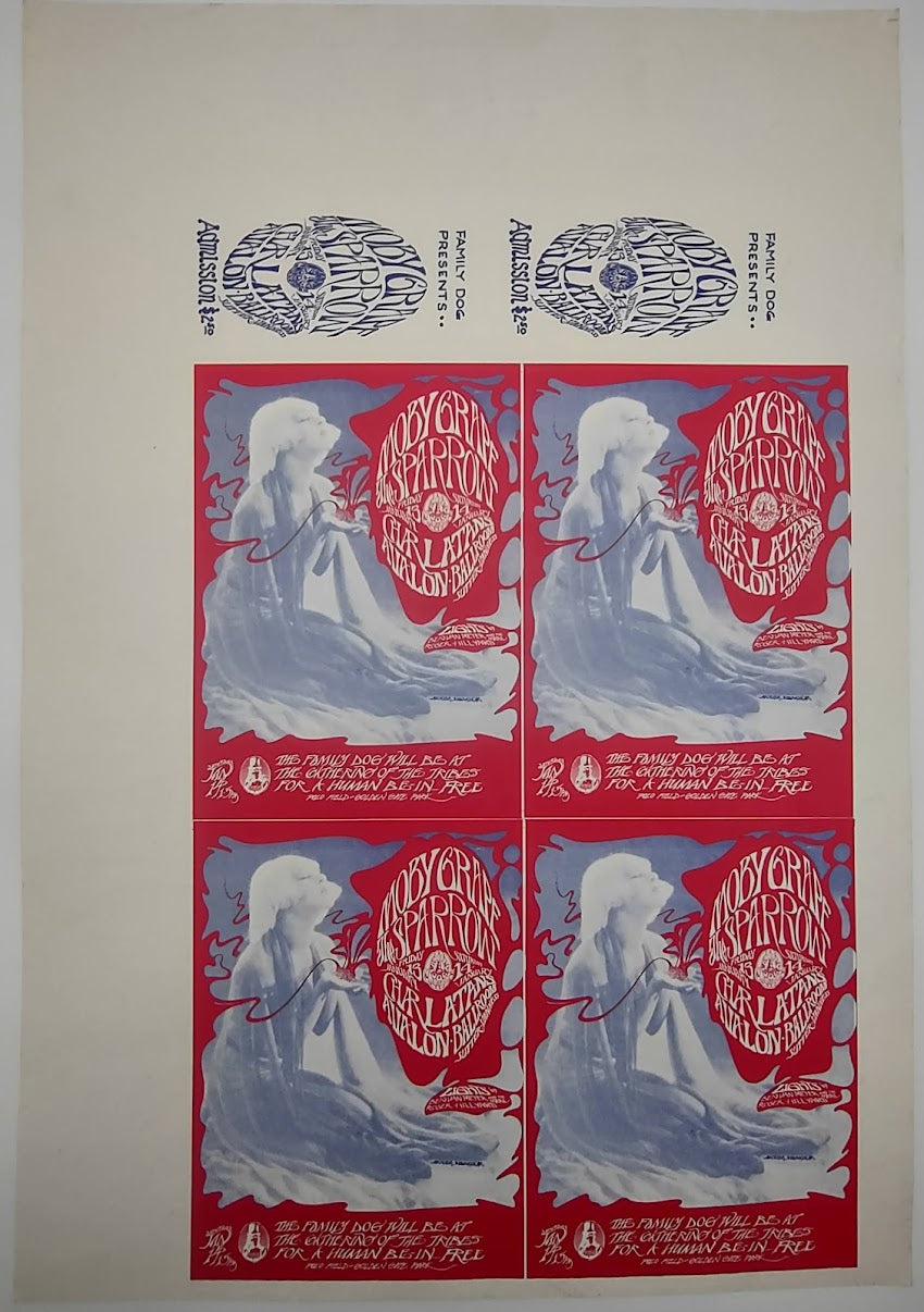 Moby Grape, The Sparrow, The Charlatans, The Avalon Ballroom Uncut Handbill Proof by Stanley Mouse, Alton Kelley - January 13-14, 1967 - Family Dog Vintage Gig Print