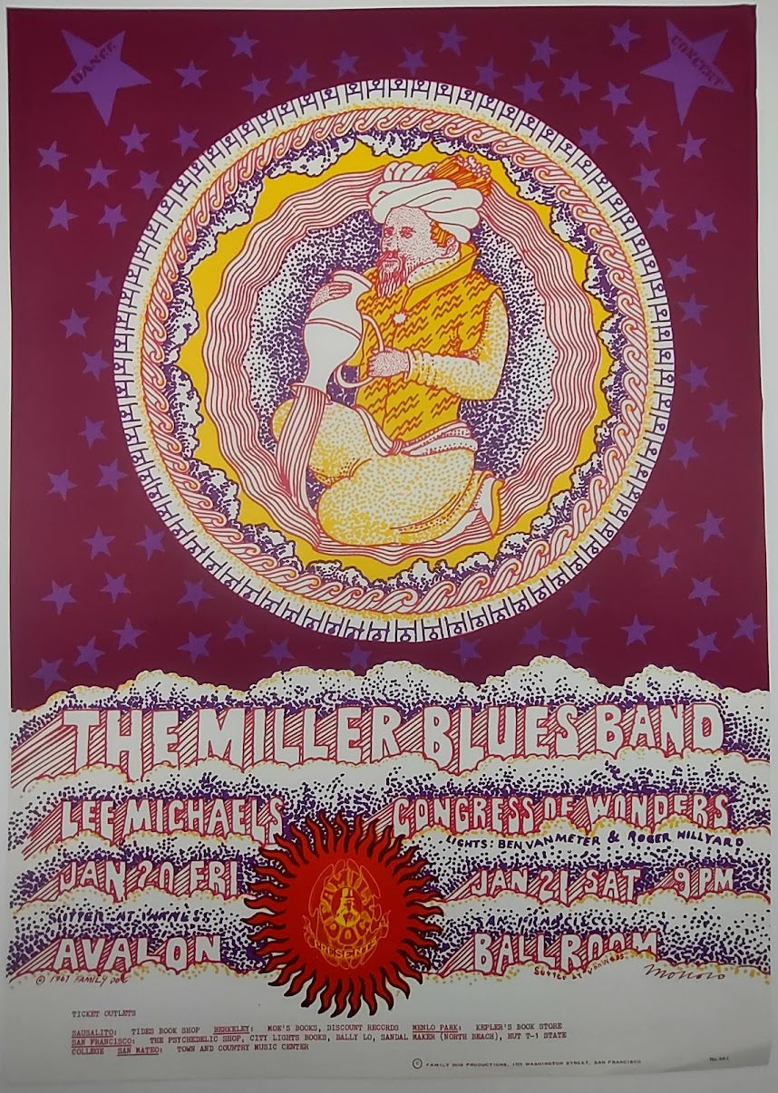 The Miller Blues Band, Lee Michaels, The Avalon Ballroom by Victor Moscoso - January 20-21, 1967 - Family Dog Vintage Gig Print