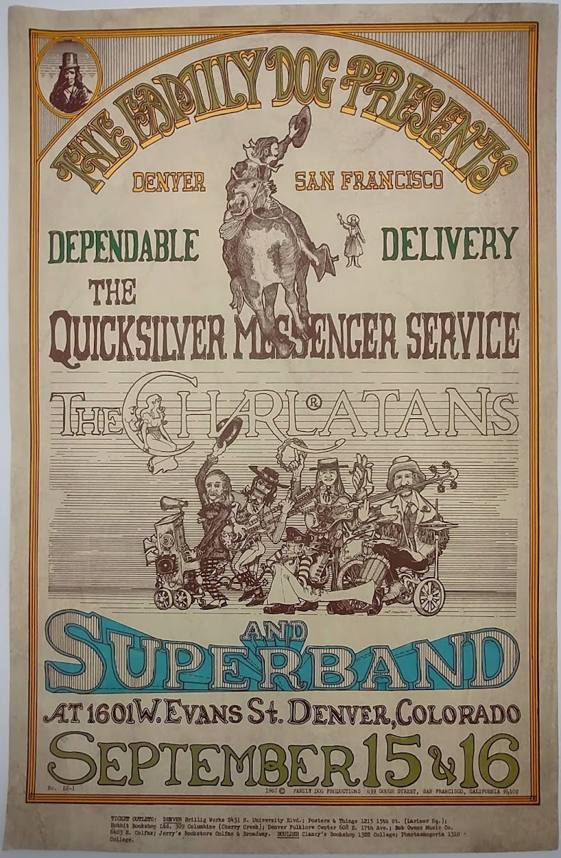 Quicksilver Messenger Service, The Charlatans, Denver Dog by Michael Ferguson, George Hunter - September 15-16, 1967 - Family Dog Vintage Gig Print