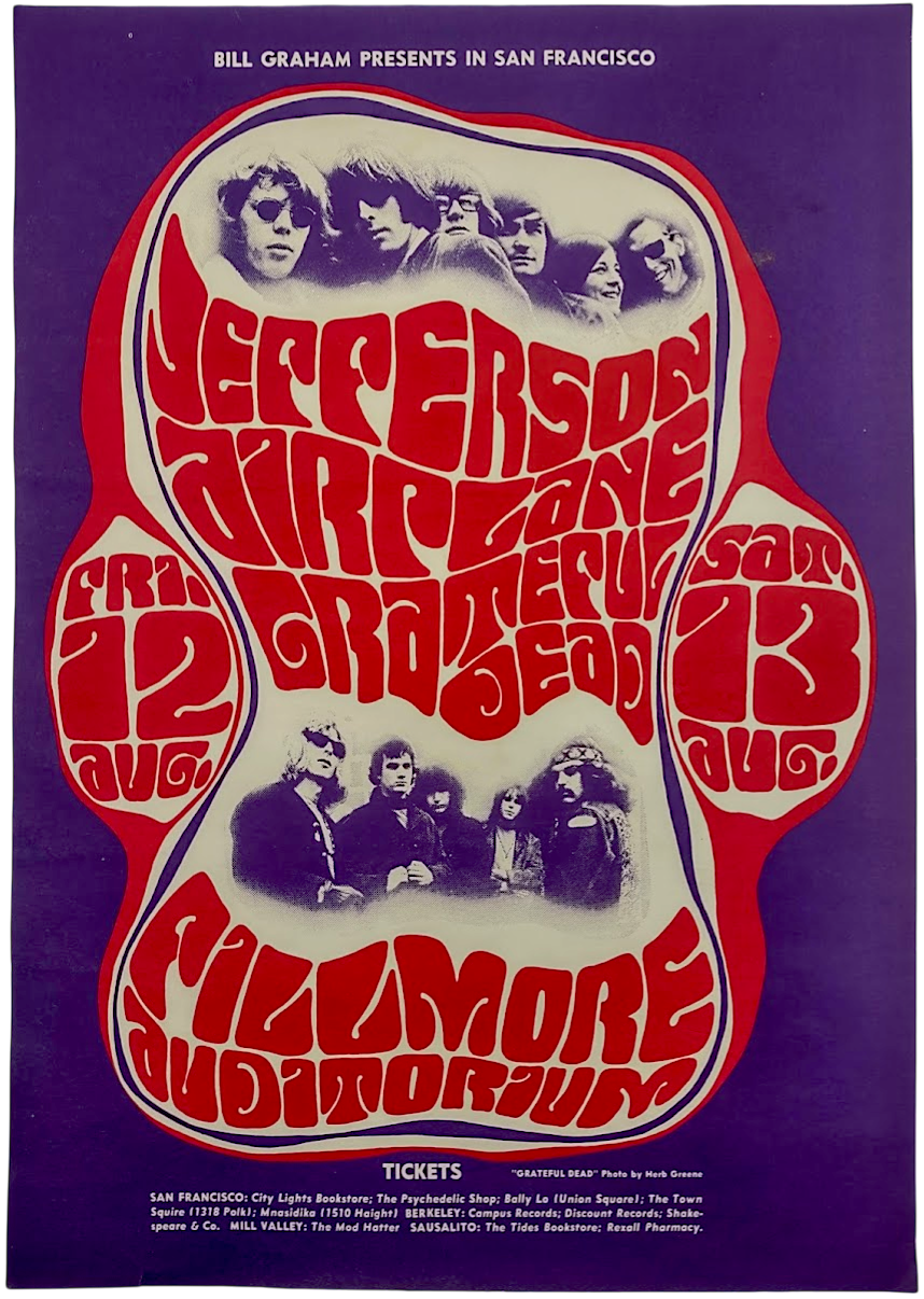 Grateful Dead, Jefferson Airplane, The Fillmore by Wes Wilson - August 12-13, 1966 - Vintage Gig Print