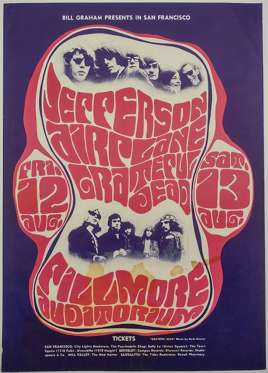 Jefferson Airplane, Grateful Dead, The Fillmore by Wes Wilson - August 12-13, 1966 - Vintage Gig Print