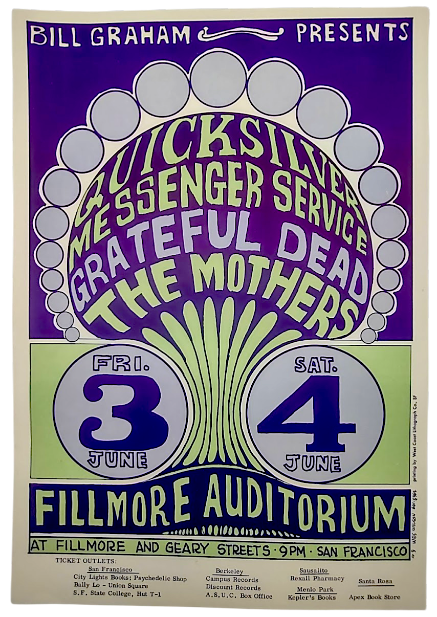 Quicksilver Messenger Service, Grateful Dead, The Mothers, The Fillmore by Wes Wilson - June 3-4, 1966 - Vintage Gig Print