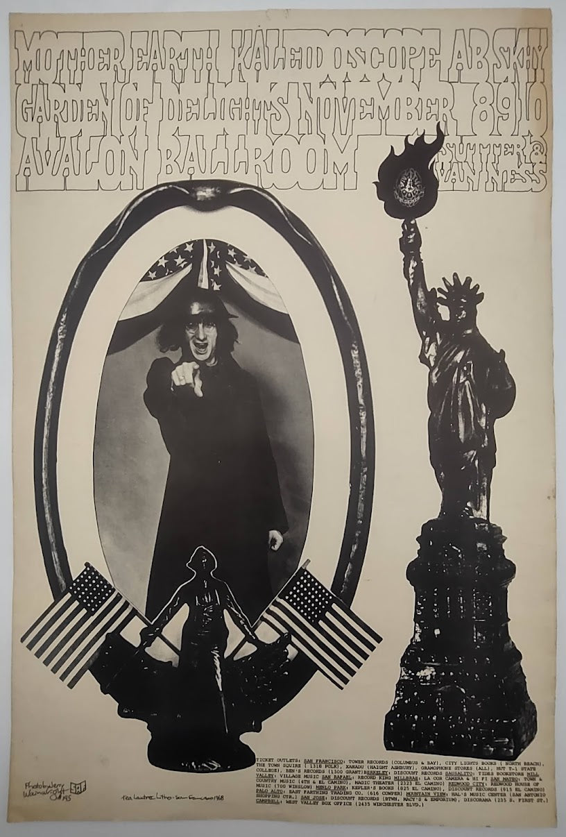 Mother Earth, Kalediscope, A.B., Skhy, Garden of Delights, The Avalon Ballroom by San Andreas Fault, Jerry Wainwright - November 8-10, 1968 - Family Dog Vintage Gig Print