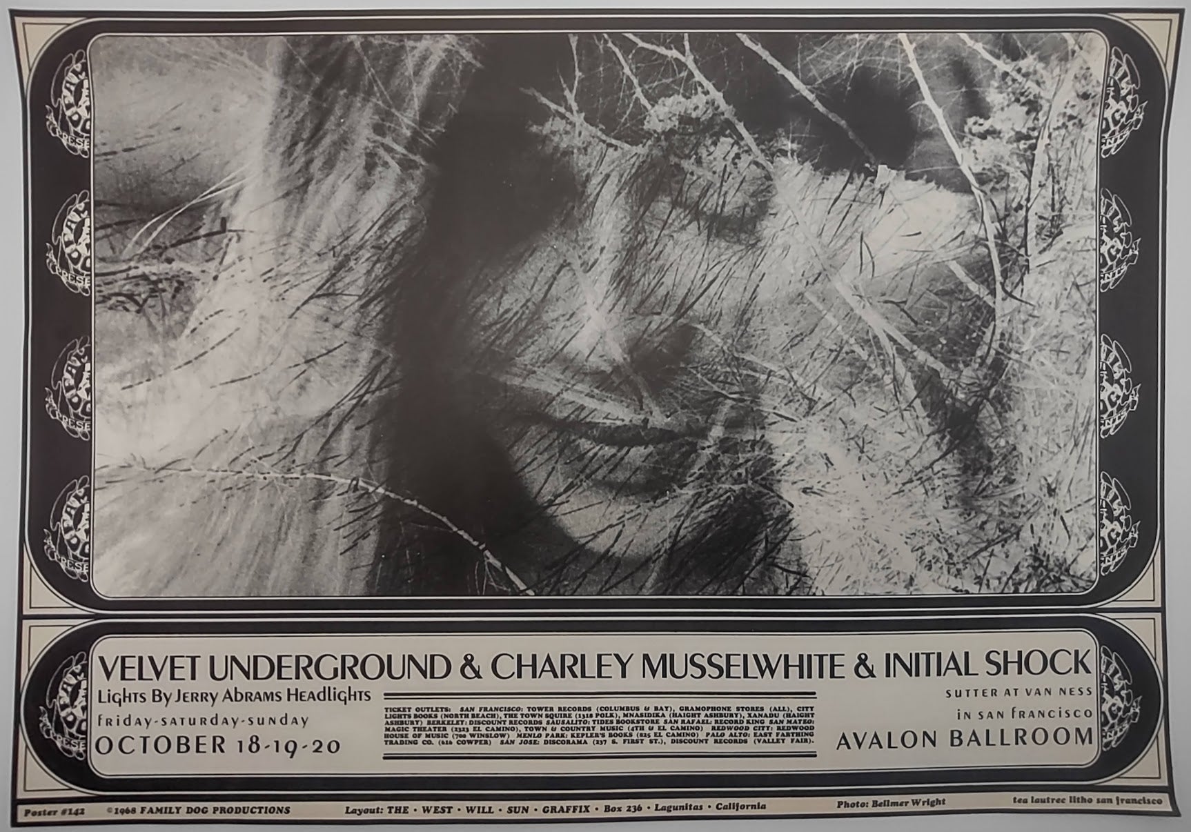Velvet Underground, The Avalon Ballroom by The West Will Sun Graffix, Bellmer Wright - October 18-20, 1968 - Family Dog Vintage Gig Print