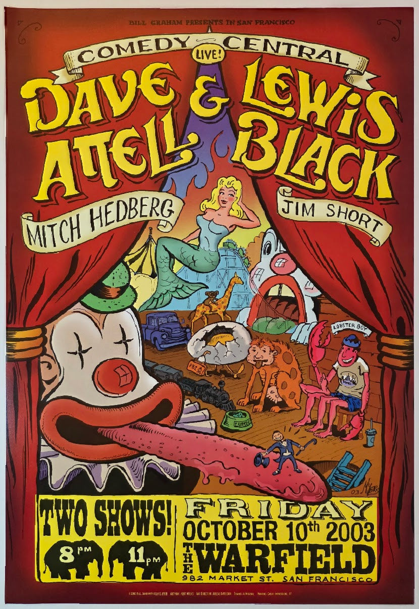 Dave Attell, Lewis Black, The Warfield by Kent Myers - October 10, 2003 - Gig Print