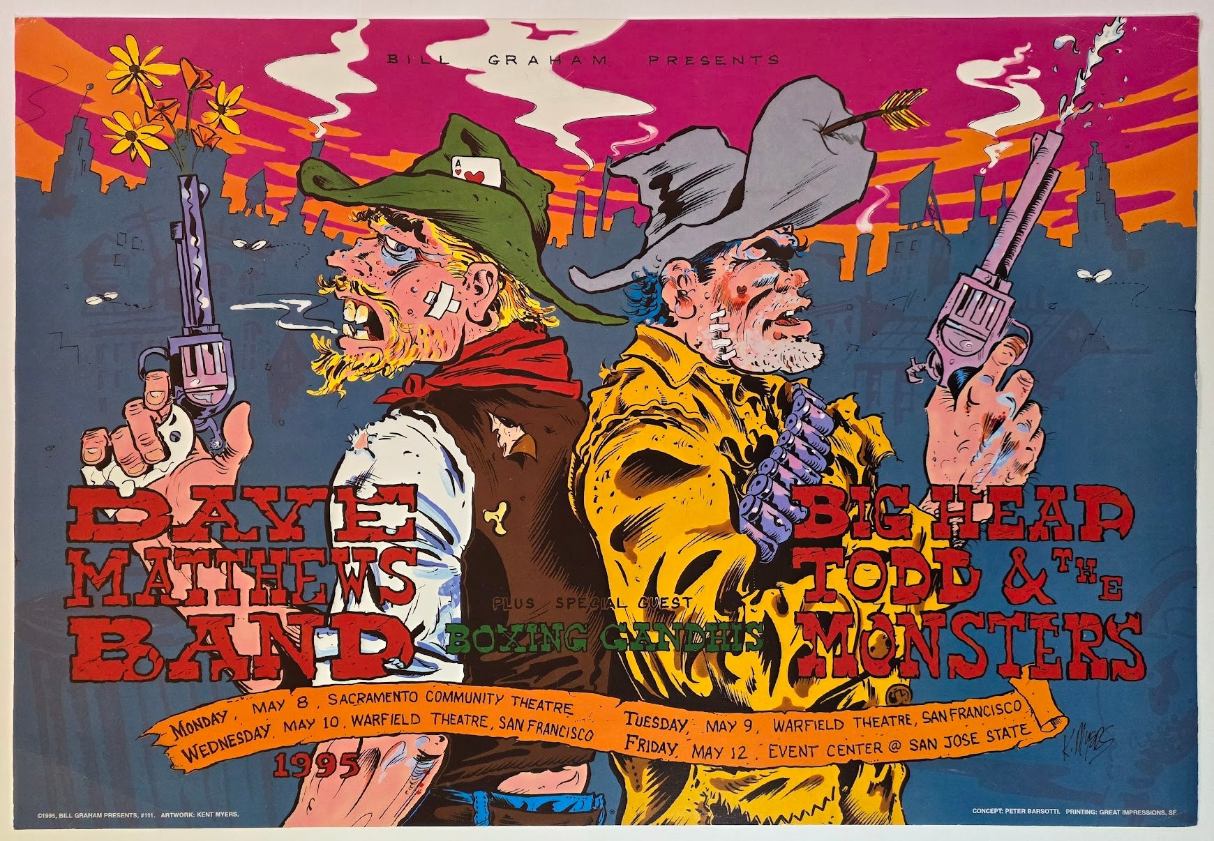 Dave Matthews Band, Big Head Todd, The Warfield, Event Center by Kent Myers - May 8-10, 12, 1995 - Gig Print